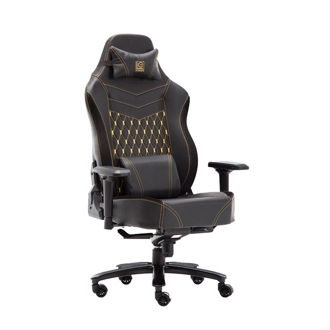 Schuinaanzicht van zwarte Game Hero King N1 gamestoel van hoogwaardig PU-leer met 4D verstelbare armleuningen, ergonomische vorm, uitklapbare voetensteun, suede accenten en stille wielen.