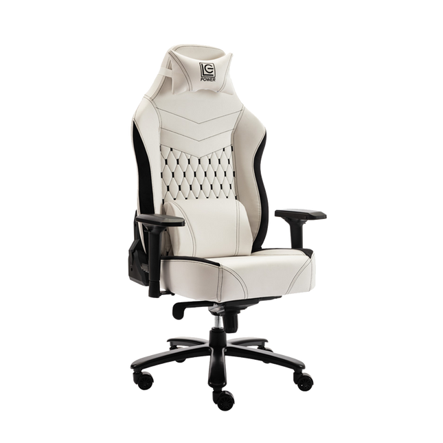 Schuinaanzicht van witte Game Hero King N1 gamestoel van hoogwaardig PU-leer met 4D verstelbare armleuningen, ergonomische vorm, uitklapbare voetensteun, suede accenten en stille wielen.