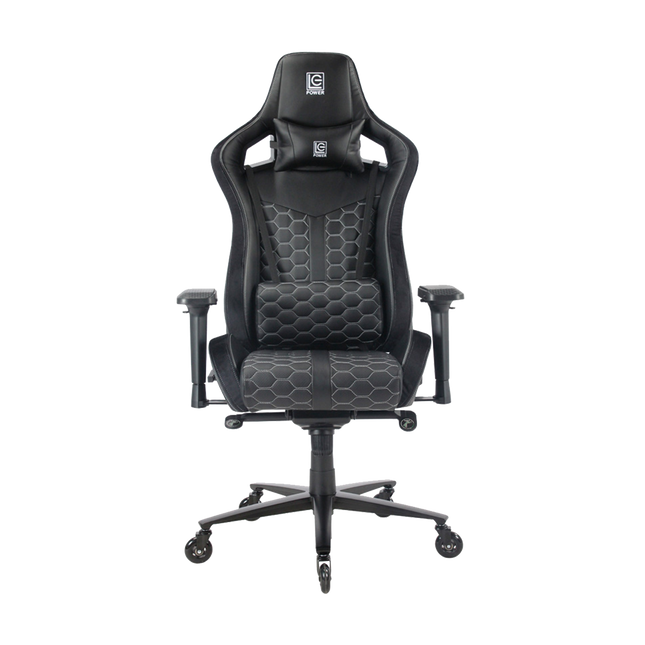 Voorzijde van zwarte Game Hero Kingship gamestoel van hoogwaardig PU-leer met 4D verstelbare armleuningen, ergonomische vorm, uitklapbare voetensteun, suede accenten en rubbere wielen.